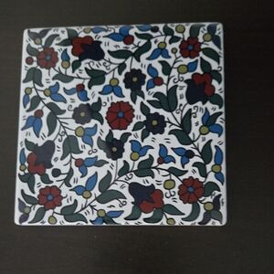 Hand-Painted Floral Ceramic Coaster For Mug - Blue, Red, Green